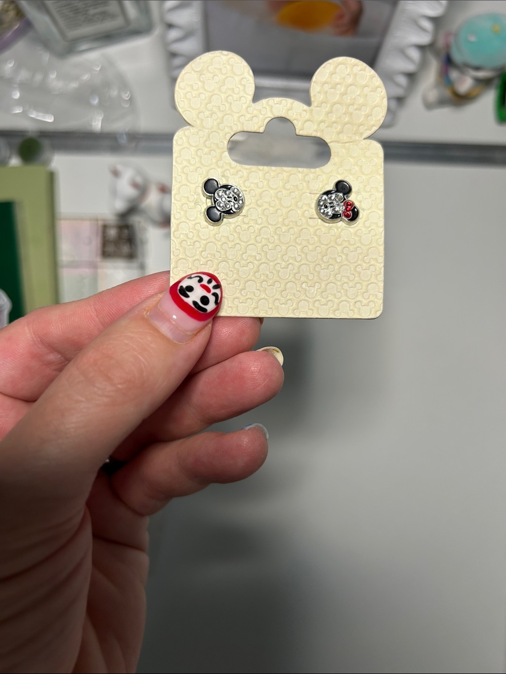 Silver Mickey and Minnie Mouse Crystal Stud Earrings - Cream Card